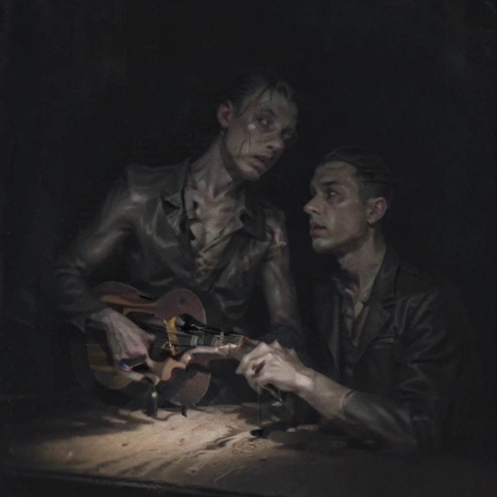 a man with two heads emerging from the same body, playing guitar in a dimly lit bar, full-length portrait, wearing a black overcoat, photorealistic, cinematic lighting, dark atmosphere, dramatic shadows, moody, surreal, masterpiece, highly detailed, 8k, intricate details, hyperrealistic, dramatic chiaroscuro, gothic, haunting, cinematic, emotive, mesmerizing, atmospheric, visually striking