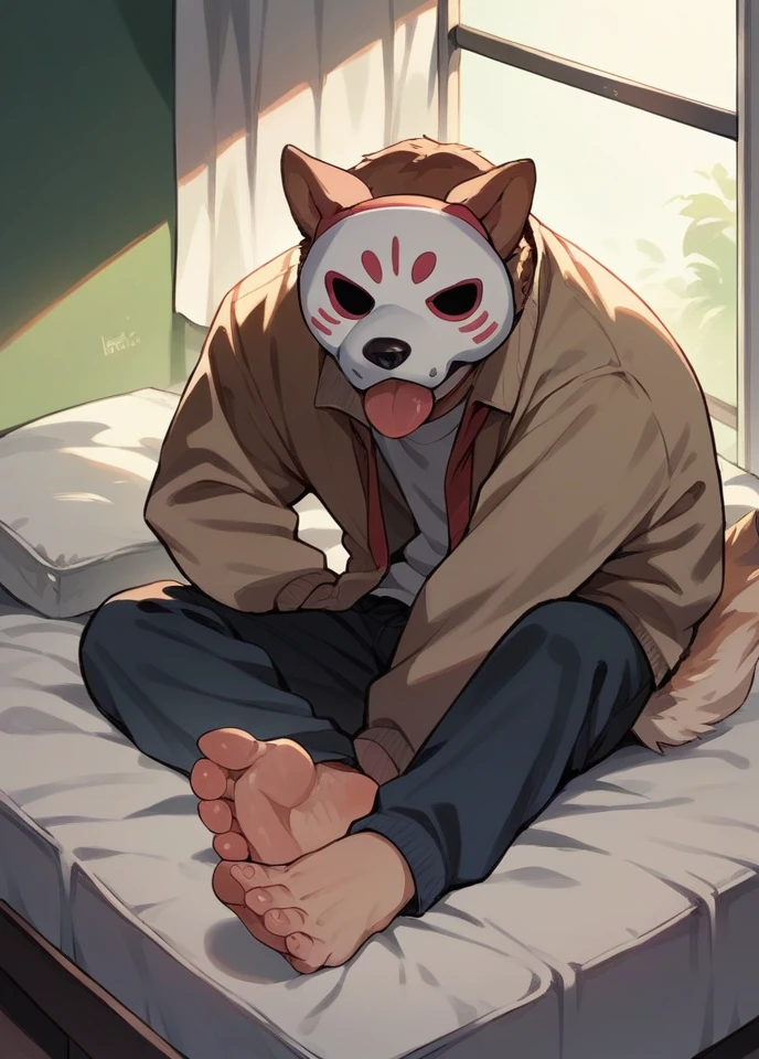 School bad boy wearing dog mask
Showing feet
Tongue out