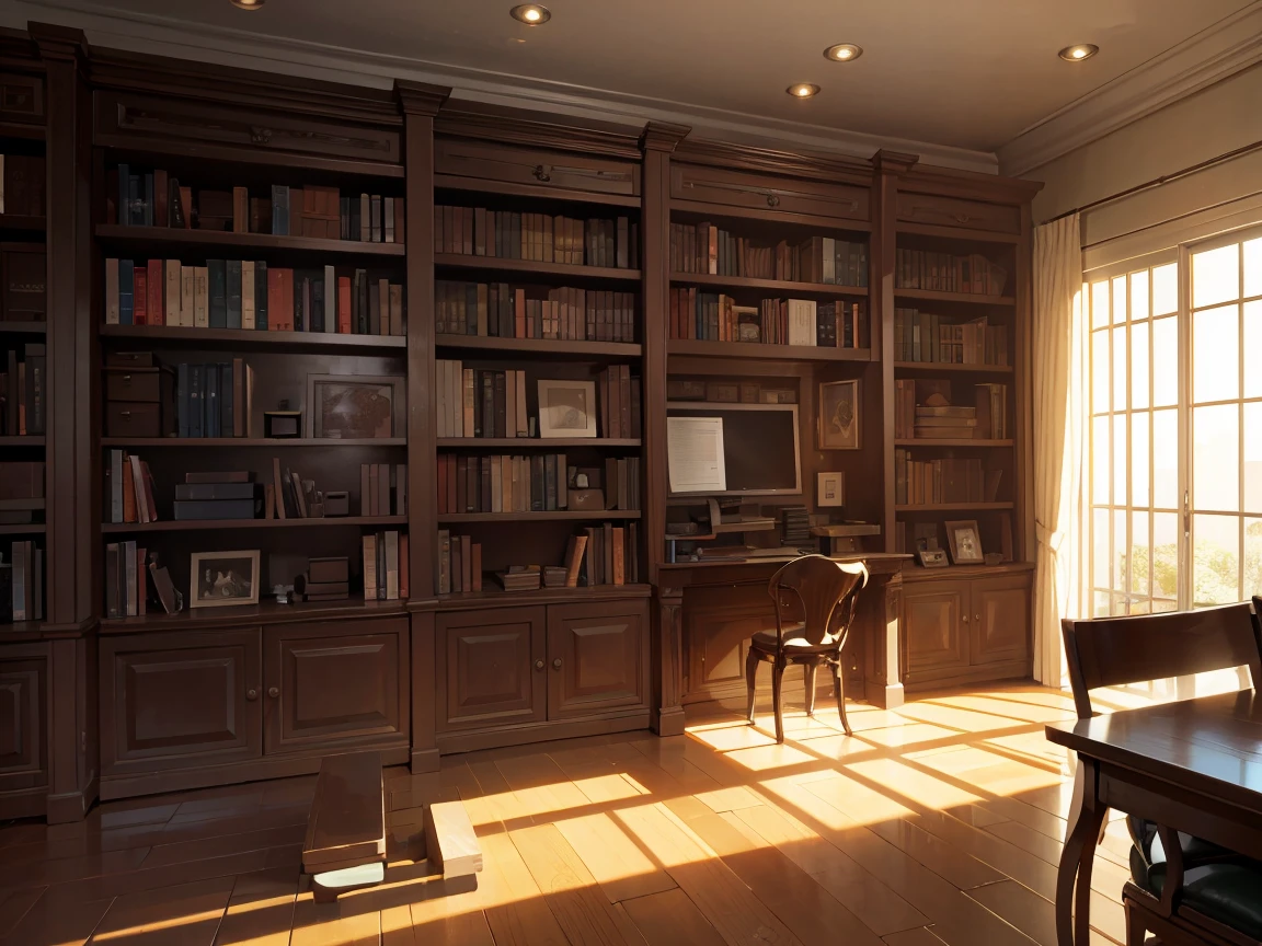A wall completely covered with bookshelves、Dark study、desk with a computer、No people
