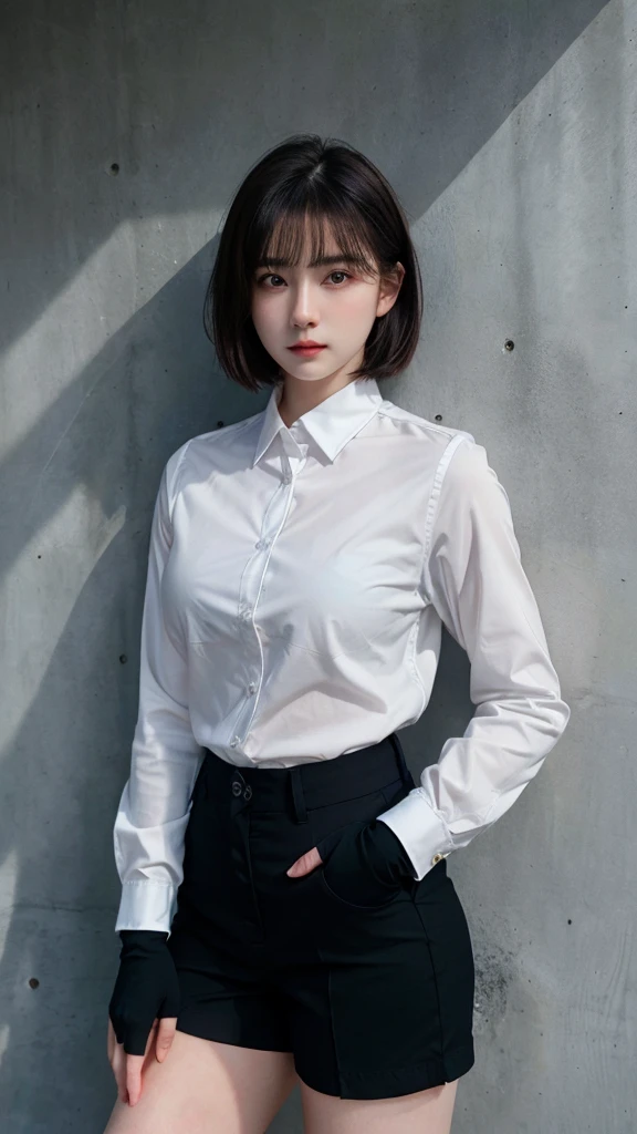 ((best quality)), photorealistic, photorealism, Photorealistic, high resolution, Beautiful, Baby Face, 20 Years Old, White Skin, pale skin, Medium Breast, Combat pose, looking at the camera, (Detailed face), short hair, (wearing white long sleeve button up blouse, short pants, black gloves, high-tech headset), cloths color based on black dark blue), Gun, Fingers are occluded, concrete murall wall background,