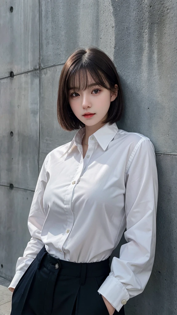 ((best quality)), photorealistic, photorealism, Photorealistic, high resolution, Beautiful, Baby Face, 20 Years Old, White Skin, pale skin, Medium Breast, Combat pose, looking at the camera, (Detailed face), short hair, (wearing white long sleeve button up blouse, short pants, black gloves, high-tech headset), cloths color based on black dark blue), Gun, Fingers are occluded, concrete murall wall background,