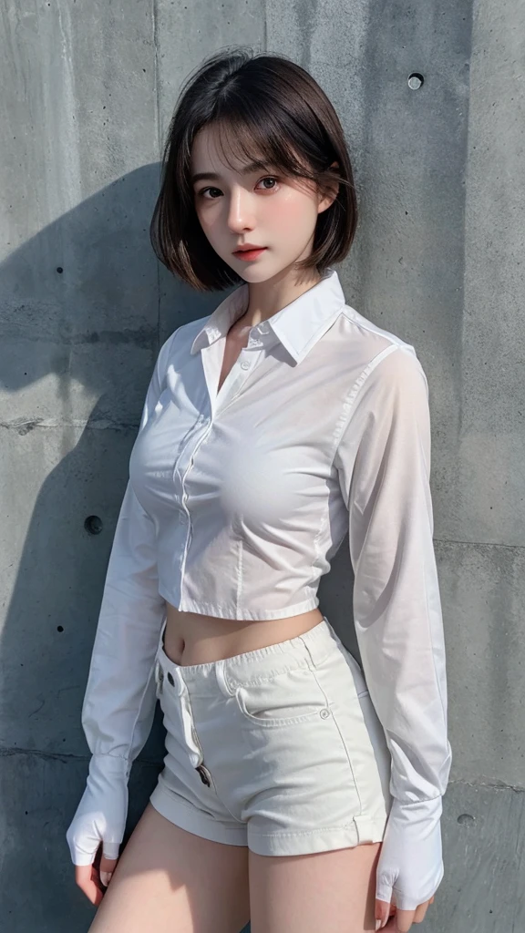 ((best quality)), photorealistic, photorealism, Photorealistic, high resolution, Beautiful, Baby Face, 20 Years Old, White Skin, pale skin, Medium Breast, Combat pose, looking at the camera, (Detailed face), short hair, (wearing white long sleeve button up blouse, short pants, black gloves, high-tech headset), cloths color based on black dark blue), Gun, Fingers are occluded, concrete murall wall background,
