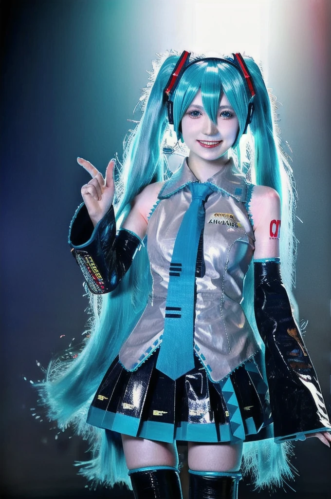 best quality, masterpiece, realistic, photorealistic, 1girl, solo, looking at viewer, smile, standing, upper body, hatsune miku cosplay costume, hatsune miku, cosplay, aqua hair, twintails, very long hair, hair ornament, headphones, headset, shirt, skirt, pleated skirt, necktie, aqua necktie, detached sleeves, tattoo, thigh boots, in stage, audience, bands, psyllium, singing,