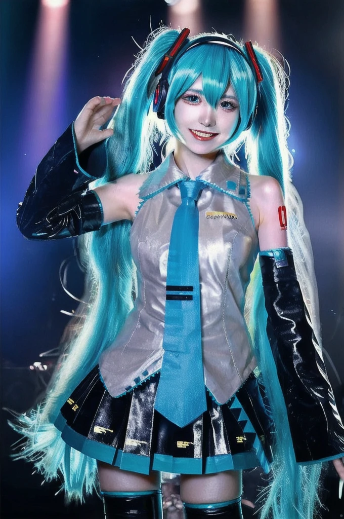 best quality, masterpiece, realistic, photorealistic, 1girl, solo, looking at viewer, smile, standing, upper body, hatsune miku cosplay costume, hatsune miku, cosplay, aqua hair, twintails, very long hair, hair ornament, headphones, headset, shirt, skirt, pleated skirt, necktie, aqua necktie, detached sleeves, tattoo, thigh boots, in stage, audience, bands, psyllium, singing,