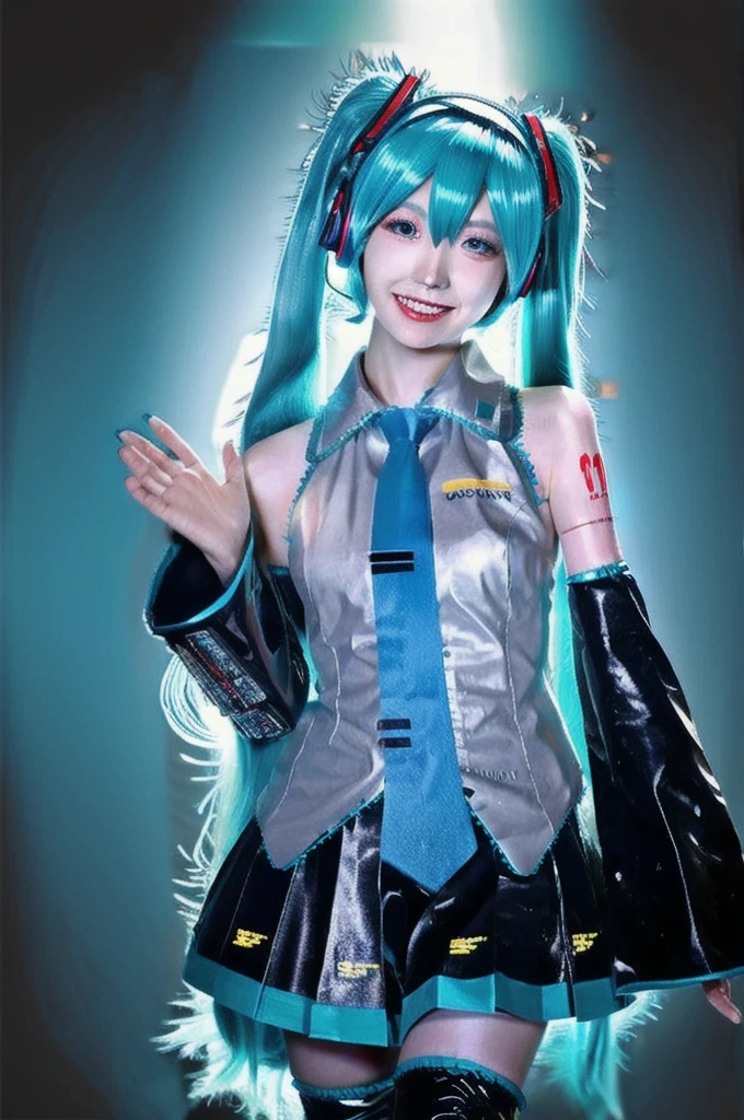 best quality, masterpiece, realistic, photorealistic, 1girl, solo, looking at viewer, smile, standing, upper body, hatsune miku cosplay costume, hatsune miku, cosplay, aqua hair, twintails, very long hair, hair ornament, headphones, headset, shirt, skirt, pleated skirt, necktie, aqua necktie, detached sleeves, tattoo, thigh boots, in stage, audience, bands, psyllium, singing,
 