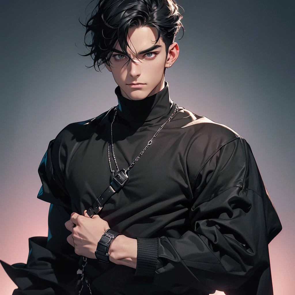 "(The best quality, 4k, 8k, High Resolutions, Masterpiece:1.2), ultra detailed, (realist, fotorrealist, fotorrealist: 1.37), Manhwa, ( man 20-30 years old), Gothic style, demonic, elegant, masculine, dominant, attractive, sexy, a penetrating look, (Messy short hair black hair), fringe that covers his forehead, perfect and detailed face, big body, muscular, ectomorfo, Without beard, demonic smile, mocking expression, arrogant, Dynamic pose with a black cape, pumped body, good anatomy, (dressed in a black long-sleeved shirt, black turtleneck, black denim pants, heavy boots, black leather gloves on both hands, long black horns facing back), (detailed eyes, Even the eyes)