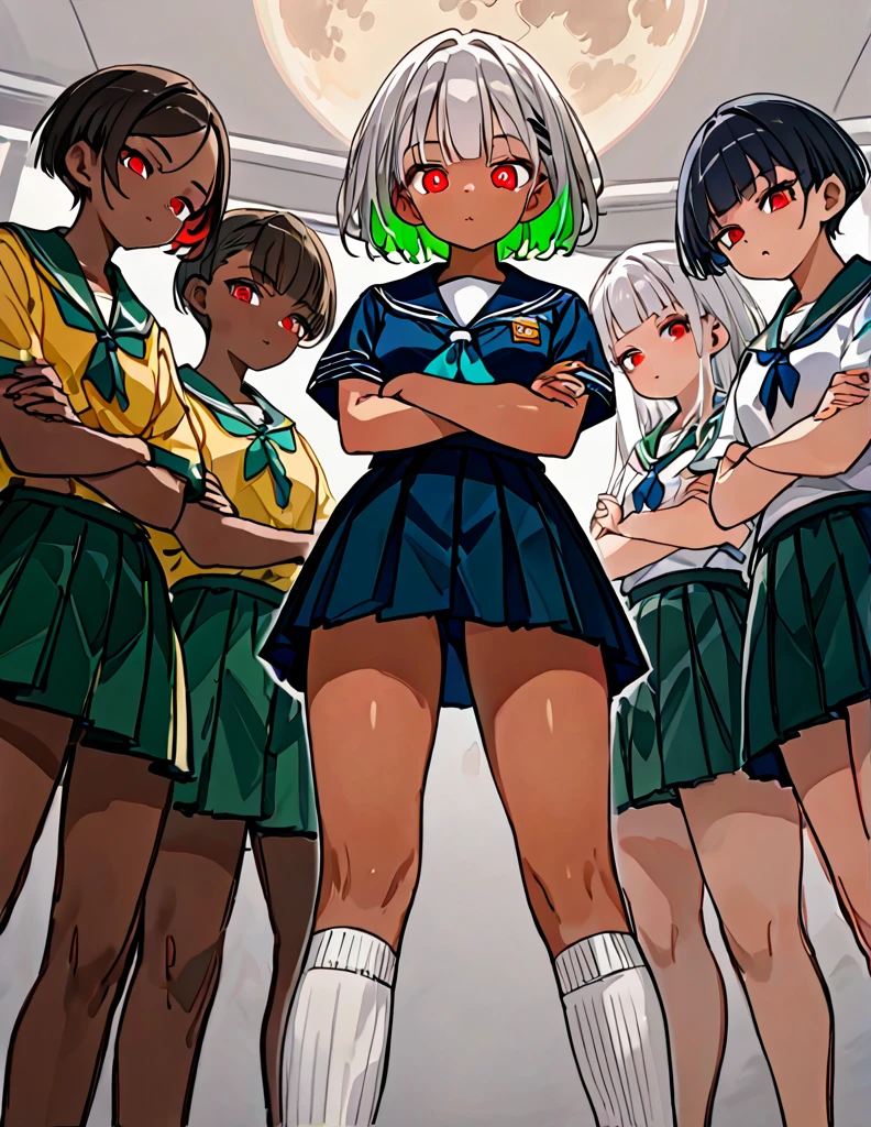 Highest quality, masterpiece, Ultra-high resolution, One girl,

blondes、Smooth Hair、Two-tone hair、Bobcut、Red Eyes、Sparkling Eyes、Detailed eyes、Slanted Eyes、Tanned, wheat-colored skin、Brown Skin、Traditional deep green sailor suit、White socks、loafers、whole body、Low - Angle、Fanning angles、Fantastic scene、Standing with your legs apart、Arms crossed、Confident expression、The full moon appears to be the same size as the large white body、god々Cool atmosphere、A ruined world、White Moon