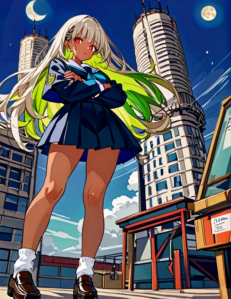 Highest quality, masterpiece, Ultra-high resolution, One girl,

blondes、Smooth Hair、Two-tone hair、Bobcut、Red Eyes、Sparkling Eyes、Detailed eyes、Slanted Eyes、Tanned, wheat-colored skin、Brown Skin、Traditional deep green sailor suit、White socks、loafers、whole body、Low - Angle、Fanning angles、Fantastic scene、Standing with your legs apart、Arms crossed、Confident expression、The full moon appears to be the same size as the large white body、god々Cool atmosphere、A ruined world、White Moon