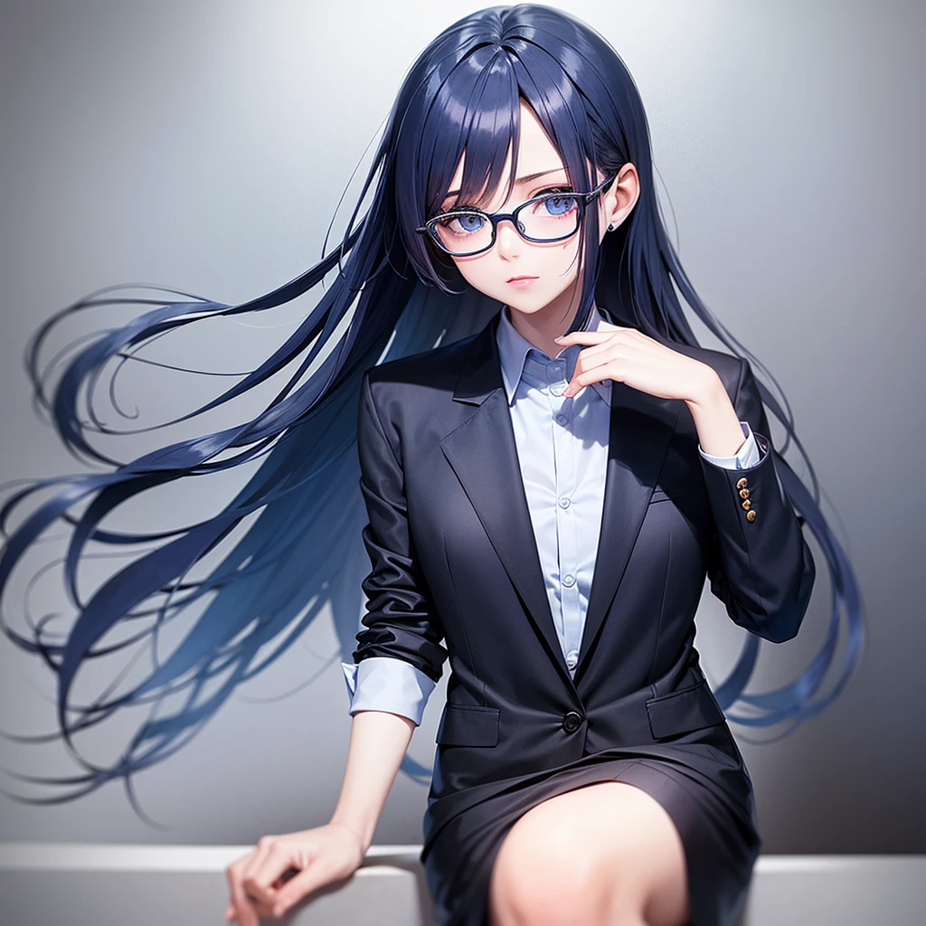 A pretty pretty adult, pale long dark blue hair with eyes of the same color and wears glasses, with formal clothes 