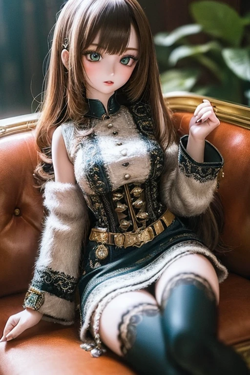 photorealistic, realistic photo, ((highest quality)), ((masterpiece)), extremely detailed, kukolnydom, doll, (mature woman, 22yo, 22 years old:1.6), solo, ((cowboy shot, skinny, slender, slim, parted lips)), green eyes, brown hair, (sitting on sofa, reclining on sofa, looking down, blank eyes, empty eyes, detailed eyes, detailed face:1.3), dress, museum, 8k
