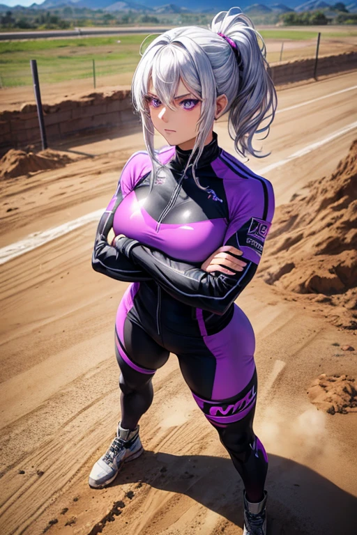 a woman with silver hair, purple eyes, wearing a black motocross uniform, along a clay and mud track, muscular, standing with arms crossed, only a woman.