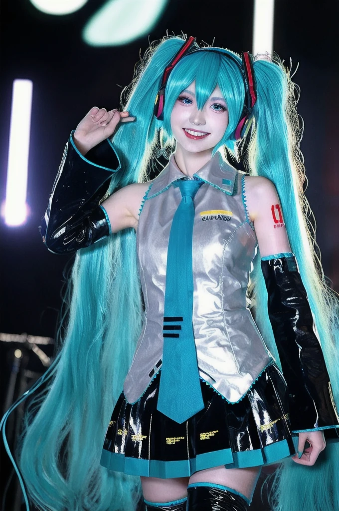 best quality, masterpiece, realistic, photorealistic, 1girl, solo, looking at viewer, smile, standing, upper body, hatsune miku cosplay costume, hatsune miku, cosplay, aqua hair, twintails, very long hair, hair ornament, headphones, headset, shirt, skirt, pleated skirt, necktie, aqua necktie, detached sleeves, tattoo, thigh boots, in stage, audience, bands, psyllium, singing,