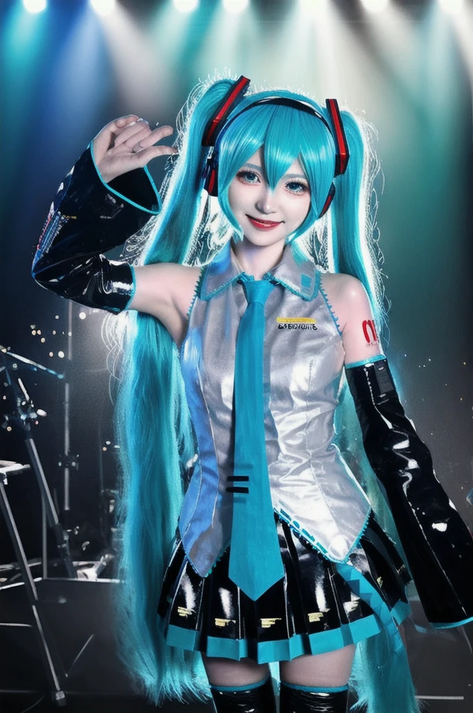 best quality, masterpiece, realistic, photorealistic, 1girl, solo, looking at viewer, smile, standing, upper body, hatsune miku cosplay costume, hatsune miku, cosplay, aqua hair, twintails, very long hair, hair ornament, headphones, headset, shirt, skirt, pleated skirt, necktie, aqua necktie, detached sleeves, tattoo, thigh boots, in stage, audience, bands, psyllium, singing,
 