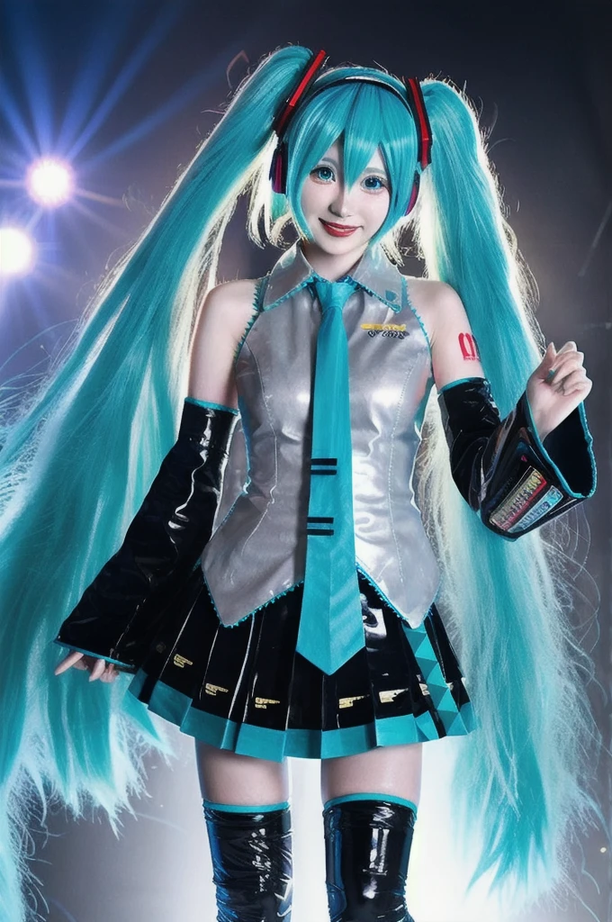 best quality, masterpiece, realistic, photorealistic, 1girl, solo, looking at viewer, smile, standing, upper body, hatsune miku cosplay costume, hatsune miku, cosplay, aqua hair, twintails, very long hair, hair ornament, headphones, headset, shirt, skirt, pleated skirt, necktie, aqua necktie, detached sleeves, tattoo, thigh boots, in stage, audience, bands, psyllium, singing,