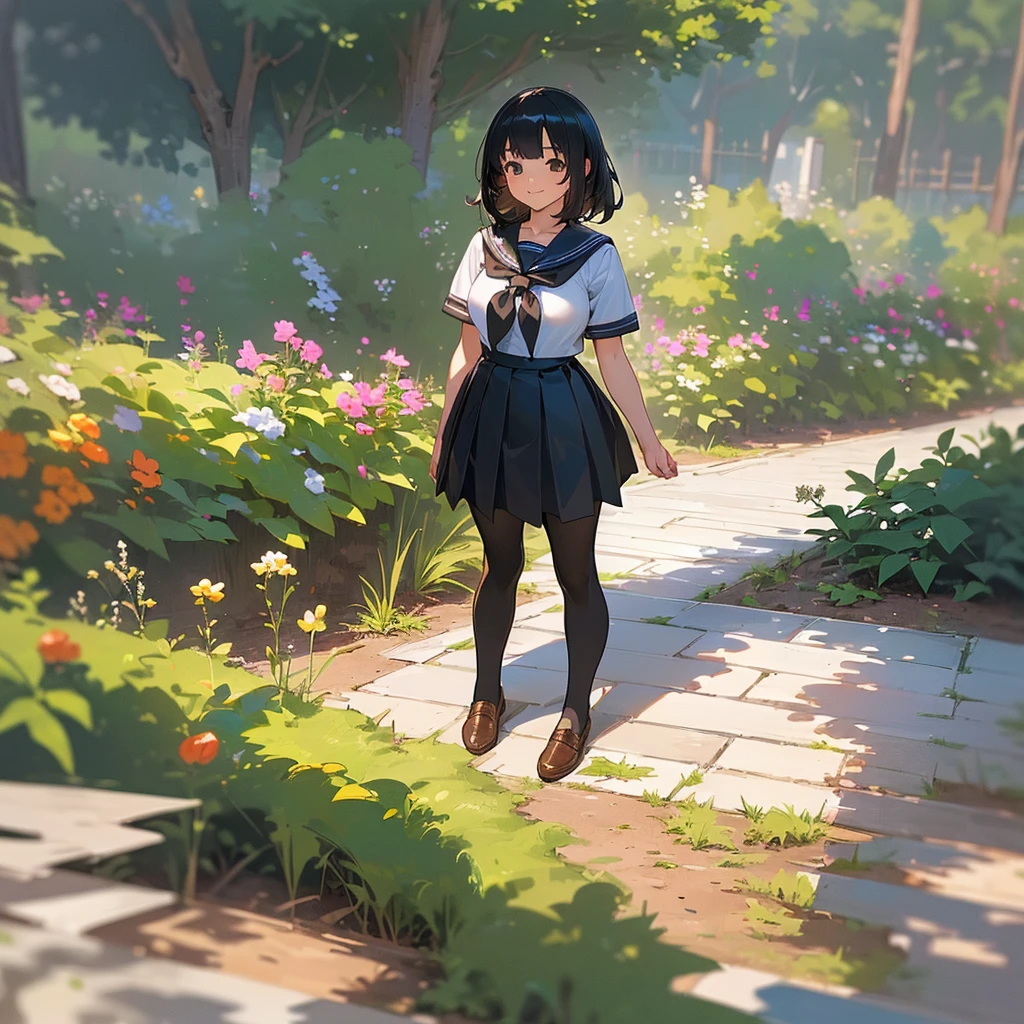 (Highest quality, High resolution, Super detailed, Realistic:1.37), Peaceful atmosphere, (Outdoor, garden), Teenage girl standing alone,(my breasts are big.),Beautifully detailed features, Cute Smile, ((Black bob hair)),Short-sleeved sailor uniform, Pleated skirt,Black tights,Brown leather shoes.