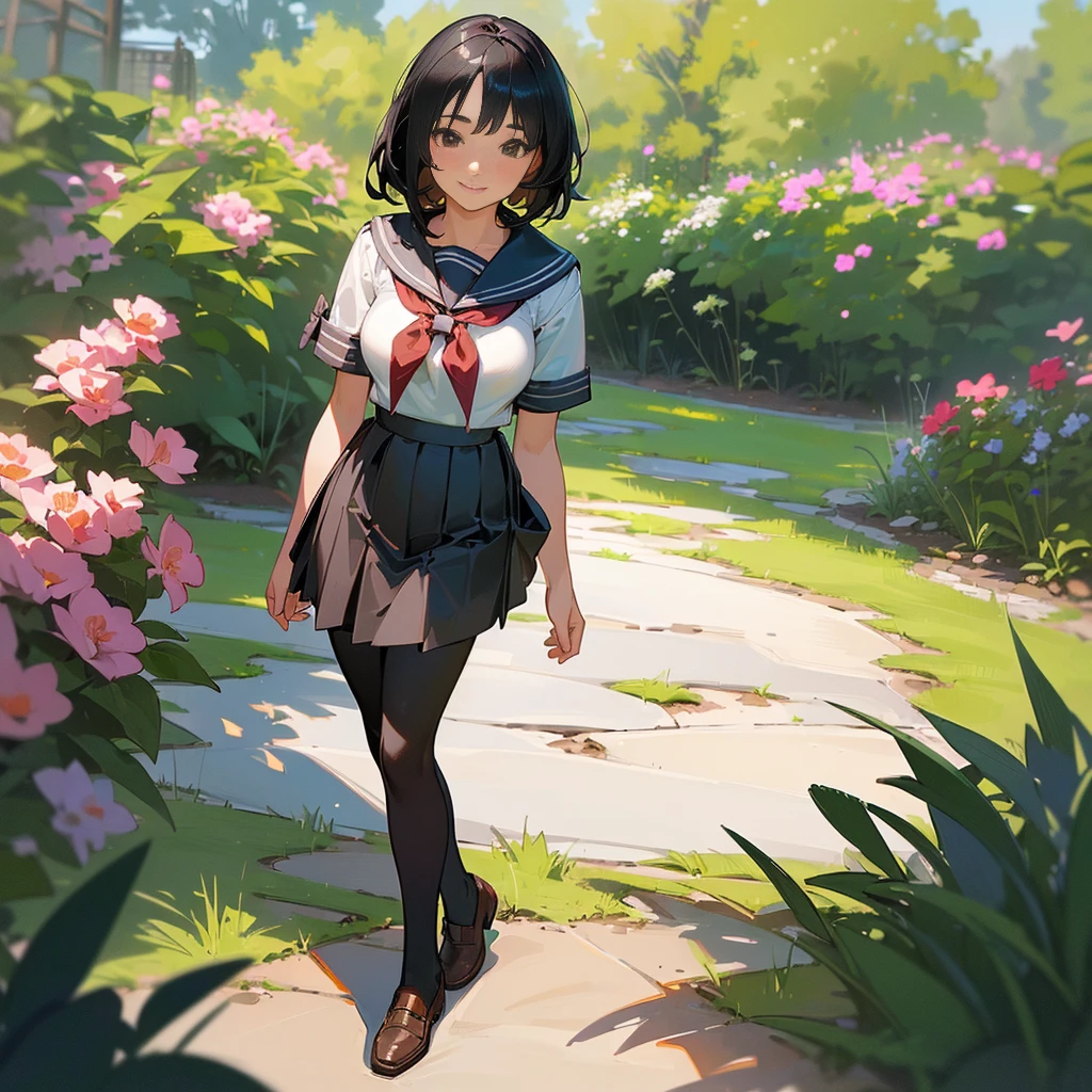 (Highest quality, High resolution, Super detailed, Realistic:1.37), Peaceful atmosphere, (Outdoor, garden), Teenage girl standing alone,(my breasts are big.),Beautifully detailed features, Cute Smile, ((Black bob hair)),Short-sleeved sailor uniform, Pleated skirt,Black tights,Brown leather shoes.