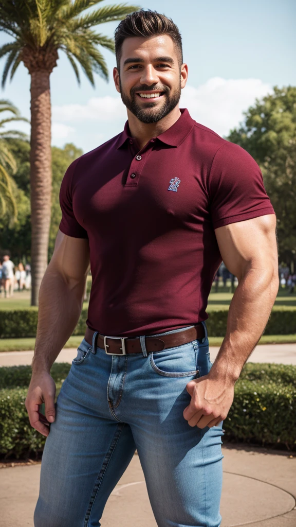 Handsome muscular man beard, strong and muscular legs, big lump, artwork, sonriendo, super sexy in jeans and burgundy polo shirt with blackstripes 8k ultra realistic masterpiece great detail next to a font super muscular , sexy , en el parque, 40 años de edad