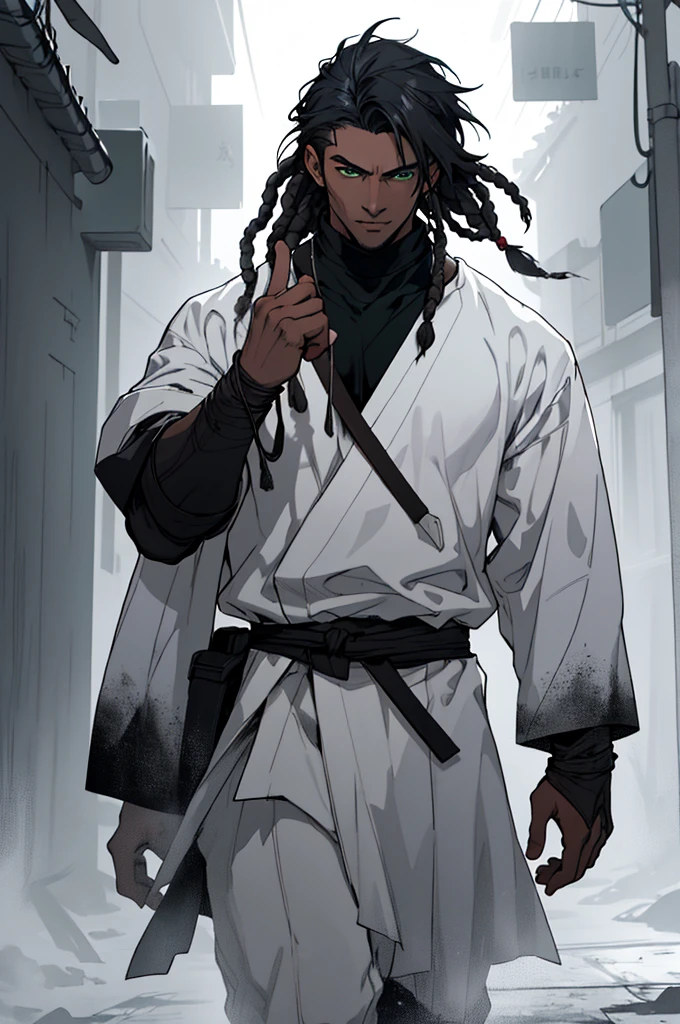 scenario:

An infinite white void, no bottom or visible horizon.
A dense black fog spreads across the environment, creating a mysterious and dystopian atmosphere.
charachter:

A tall, muscular young man with black skin, with long, voluminous dreadlocks tied in samurai style.
Big, green eyes that emanate an intense light.
The young man has his back to the observer, walking steadily backwards.
He raises his right hand in a gesture of peace, as the black fog opens around you.
A dark, defined shadow of the young man is projected onto the white floor, contrasting with the light emanating from your eyes.
Additional Elements:

The inscription "FADILSON" appears at the top of the white void, in shiny gold letters. The light seems to emanate from the name, lighting up dinner.
The overall aesthetic of the image should be inspired by anime, with dystopian and saturated pastel colors.
The texture of the young man&#39;s fog and shadow should be grainy and uneven, as if they were painted with pastel paint.
styled:

The image must have a dynamic and expressive style, capturing the strength and determination of young Fadilson.
As cores devem ser vibrantes e contrastantes, creating a surreal and memorable atmosphere.
The texture of the fog and the young man&#39;s shadow should contribute to the feeling of mystery and dystopia.
Inspiration