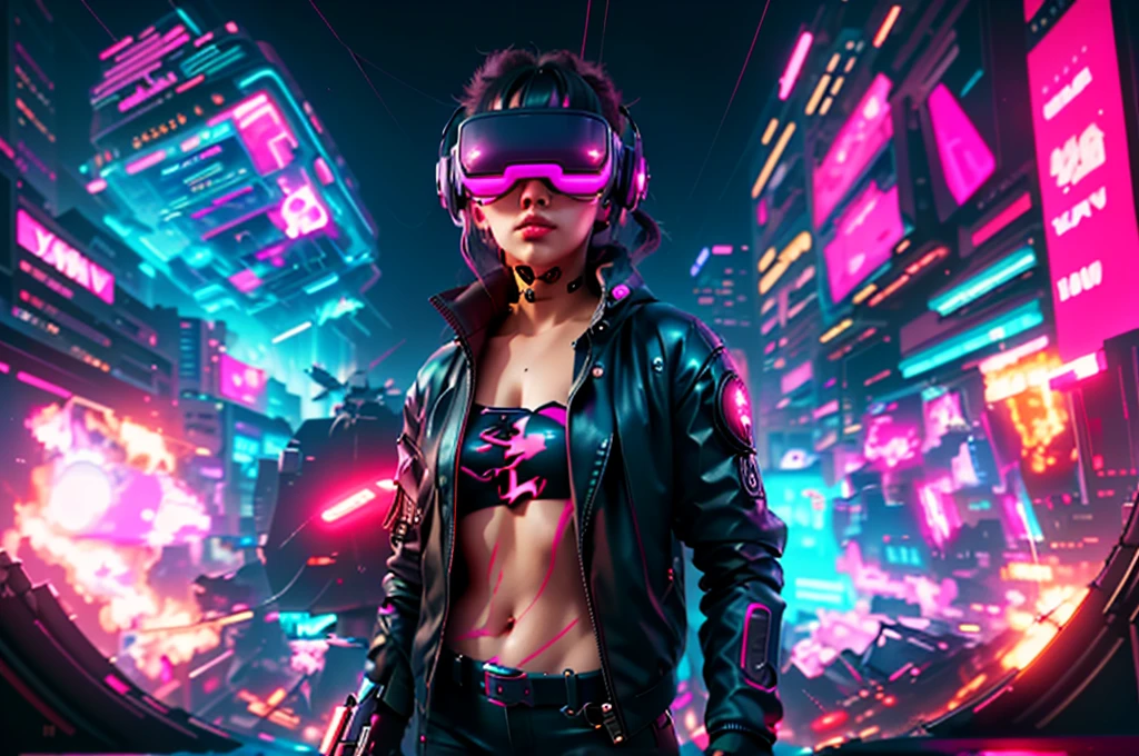 junkotvv cabello largo , messy hair, orejas de gato   a girl in a black jacket and glasses stands in front of a futuristic city, vr game, cyberpunk vibe, cyberpunk vibes, deeper into the metaverse we go, has cyberpunk style, cyberpunk theme, in cyber punk 2077, cyberpunk futuristic, cyberpunk future, synthwave, wearing cyberpunk streetwear, futuristic cyberpunk, cyberpunk tech, retro cyberpunk, synthwave style