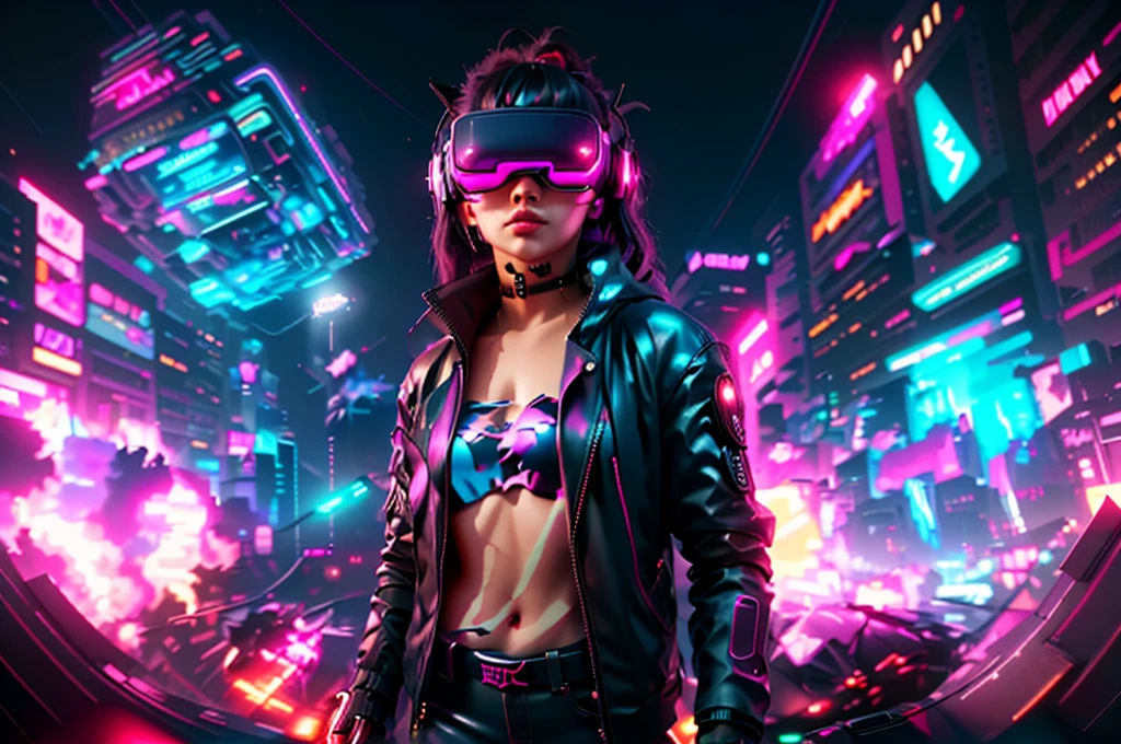 junkotvv cabello largo , messy hair, orejas de gato a girl in a black jacket and glasses stands in front of a futuristic city, vr game, cyberpunk vibe, cyberpunk vibes, deeper into the metaverse we go, has cyberpunk style, cyberpunk theme, in cyber punk 2077, cyberpunk futuristic, cyberpunk future, synthwave, wearing cyberpunk streetwear, futuristic cyberpunk, cyberpunk tech, retro cyberpunk, synthwave style