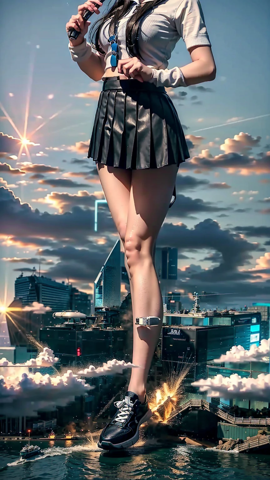 There is a girl wearing a skirt and sailor uniform standing on a miniature city model, A super huge schoolgirl, A girl taller than the city，a digital rendering,  photorealistic anime girl rendering, Highly realistic photos, Teenage girl wearing sneakers，A teenage girl holding her urine