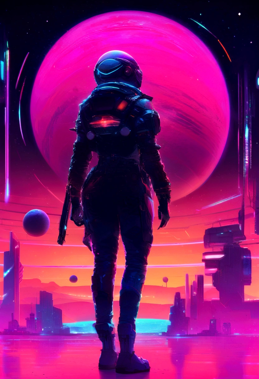 a wide-angle photo of a neon planet with rings, against the backdrop of stars and nebulae, creating a stunning view of futuristic space, facing the front