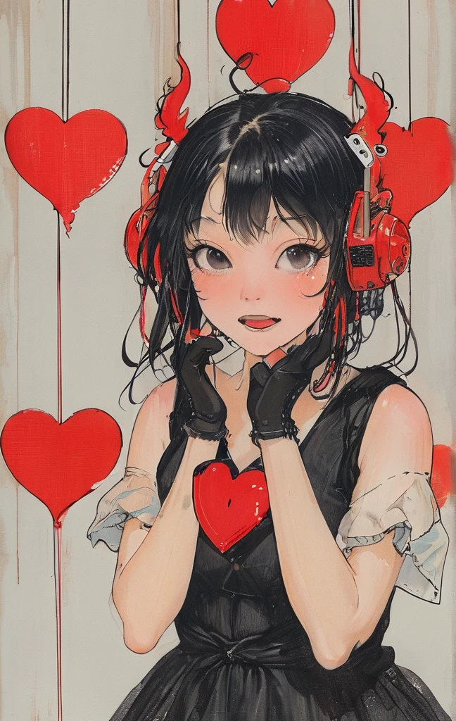 masterpiece, best quality, 1girl, gloves, solo, tongue, red background, black gloves, tongue out, long hair, elbow gloves, bangs, puffy sleeves, open mouth, grey hair, short sleeves, looking at viewer, hands on own face, upper body, blunt bangs, puffy short sleeves, colored tongue, heart, black dress, dress, hands on own cheeks, red eyes, facial mark, crown, simple background, tattoo, string, teeth, halftone