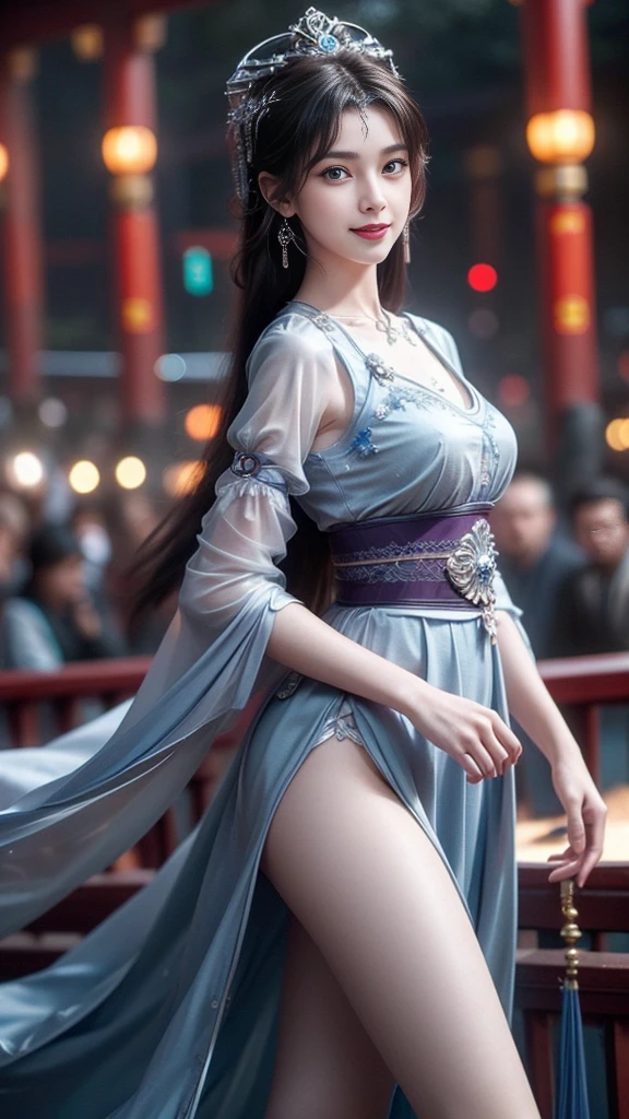 8K, masterpiece, RAW photos, best quality, Reality, extremely detailed CG unity 8K wallpaper, Depth of Field, light, lens flare, Ray Tracing, (Extremely beautiful face, Beautiful lips, beautiful eyes), Complex facial details, ((Ultra-delicate skin)) , Beautiful Asian girl, ((Looking at the audience)),(big Smile), (Blurred background), midnight, (pretty girl), earrings, bracelet, necklace, Clear eyes, (Pale skin), Facing forward, (big eyes), (Looking at the audience), Large Breasts ,((Smile)), blue eyes, Shiny Dress, Open your heart, balcony, Very slim, (Medium buttocks), Open your heart Ancient Chinese architecture，Chinese style beauty，Wear revealing Hanfu，Simple clothes， Simple style，Chinese and American mixed race，Background blur，focus，light， Seven Figures，(((tmasterpiece))), ((Best quality)), ((Complex and meticulous)), ((Surrealism)), Ridiculous resolution, , Mature woman, transparent, Very detailed, Implications, 1 Girl, (Medium breasts), Thin waist and thick hips，Long Law，Beautiful and delicate eyes, Short and delicate hair, Dark brown hair, Purple Eyes, black，lacy clothing，Hip-covering skirt，Tights，Vaguely visible，Cool clothes，Perfect body proportions，（No underwear），Detailed background, Perfect eyes,，Looking at the audience，From the front，Wear lightly，Juicy legs，Deep V，