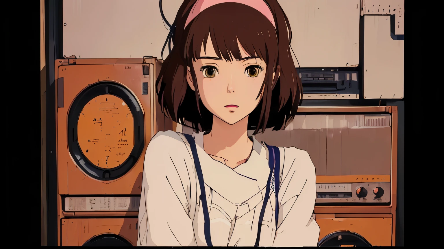 ステレオシステムの前に立っているヘッドバンドをつけたAnime Girls, レトロAnime Girls, Lo-fi Girl, Anime Style. 8K, Anime atmosphere, Anime Style 4k yen, Cute girl anime visuals, portrait of Anime Girls, Anime Girls, Young woman anime visual, Portrait of Rofi, Ilya Kuvshinov. 4k yen, Digital anime illustration