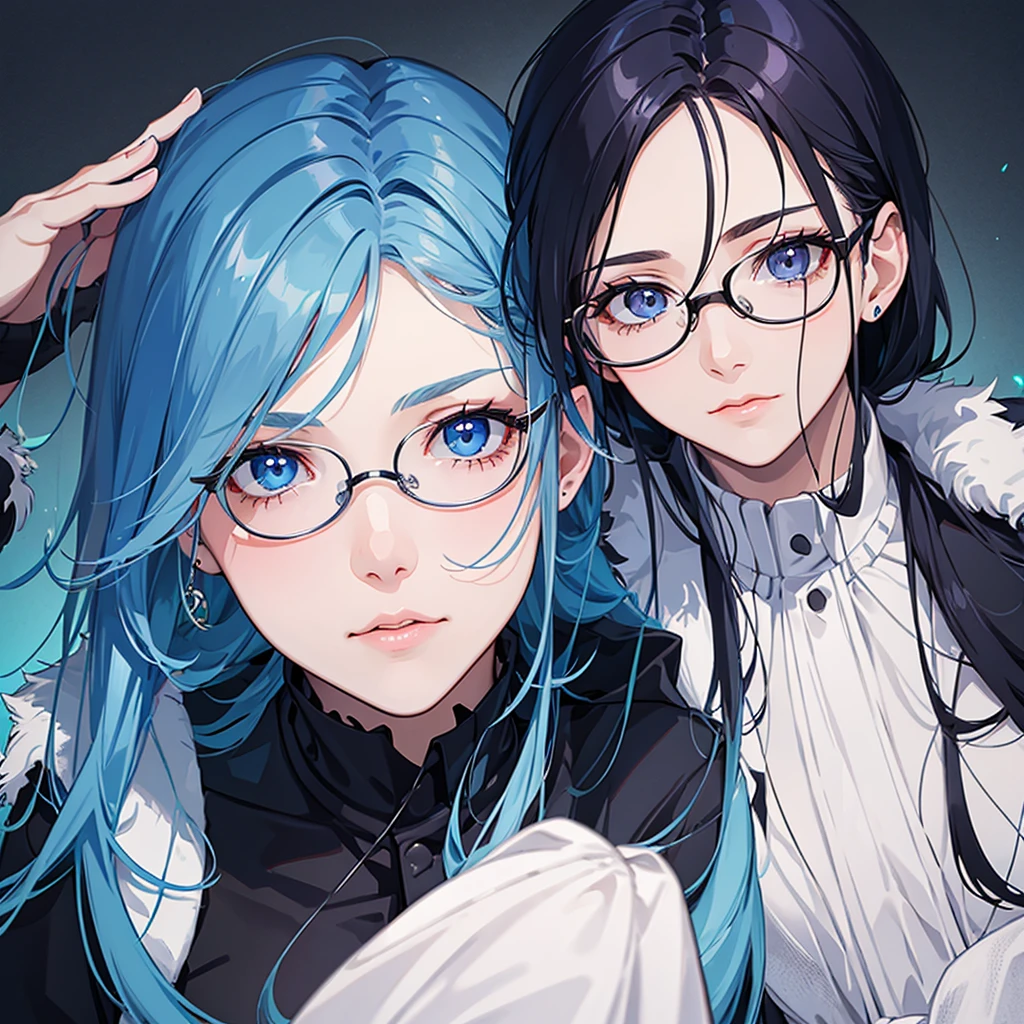 An adult of approximately 29 years old, quite pretty., pale long dark blue hair with eyes of the same color and wears glasses, with formal clothes 