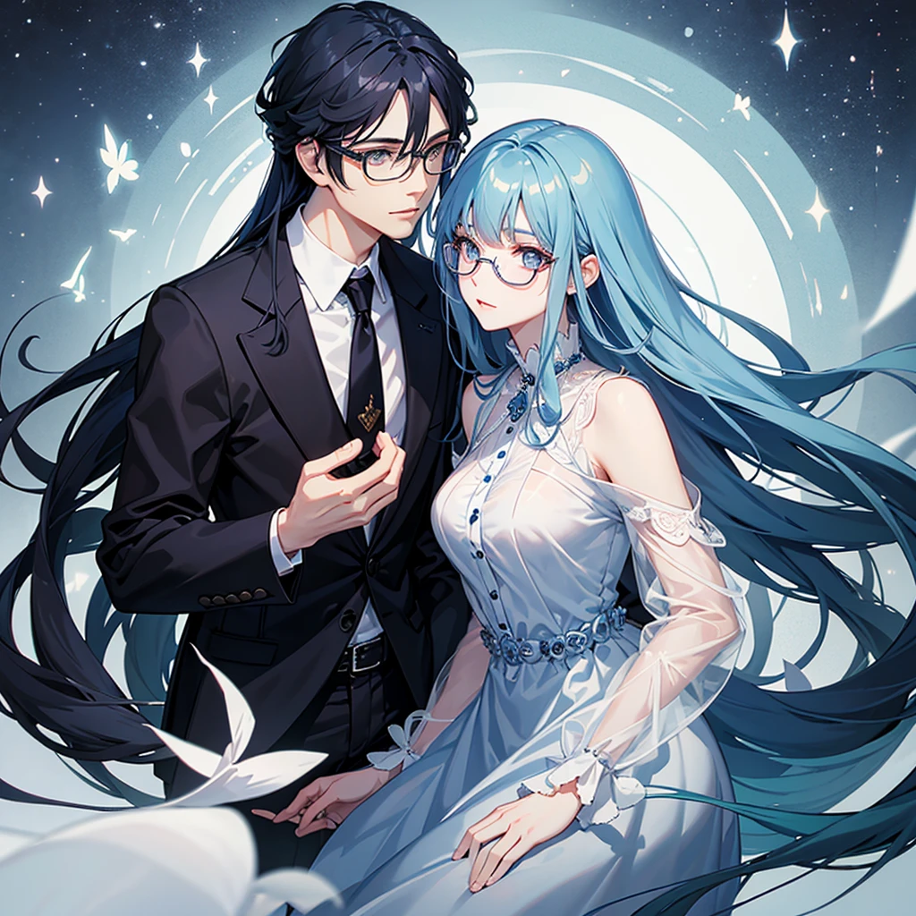 An adult of approximately 29 years old, quite pretty., pale long dark blue hair with eyes of the same color and wears glasses, with formal clothes 