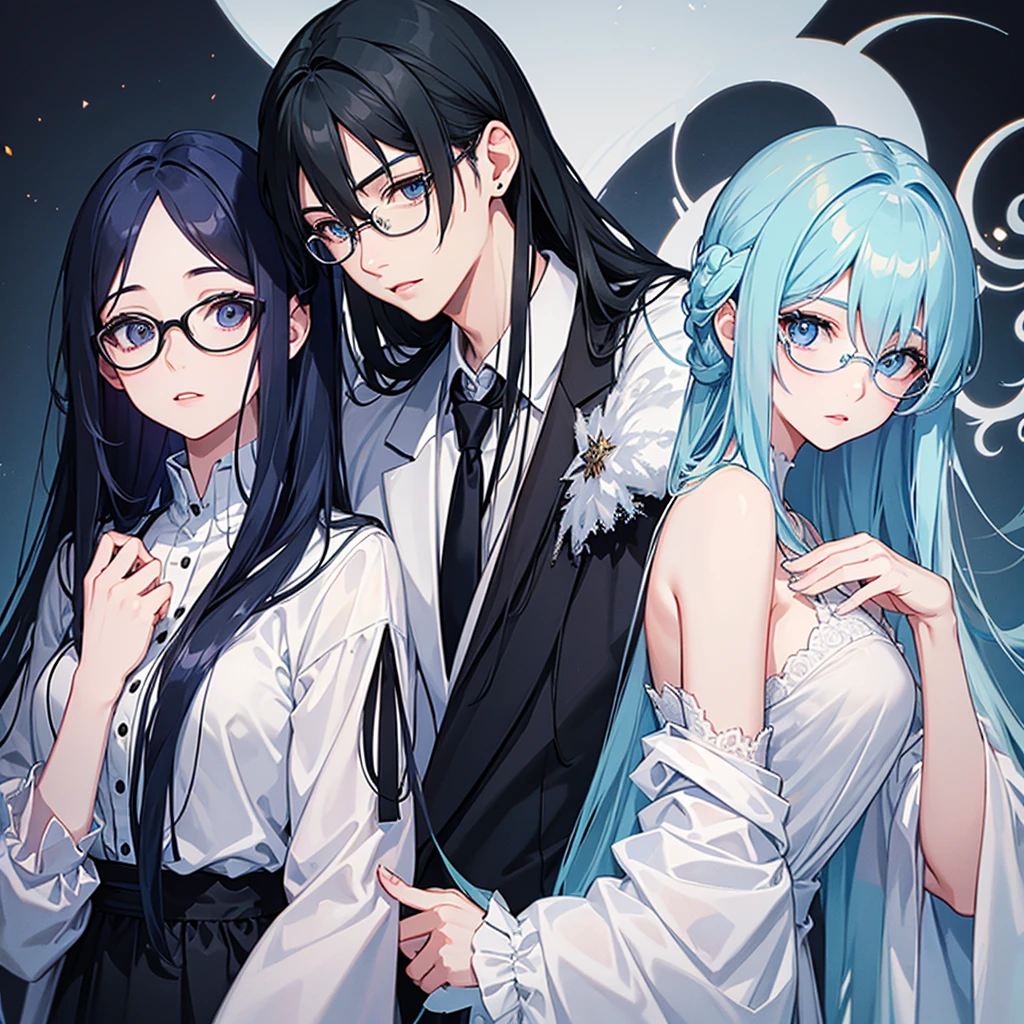 An adult of approximately 29 years old, quite pretty., pale long dark blue hair with eyes of the same color and wears glasses, with formal clothes