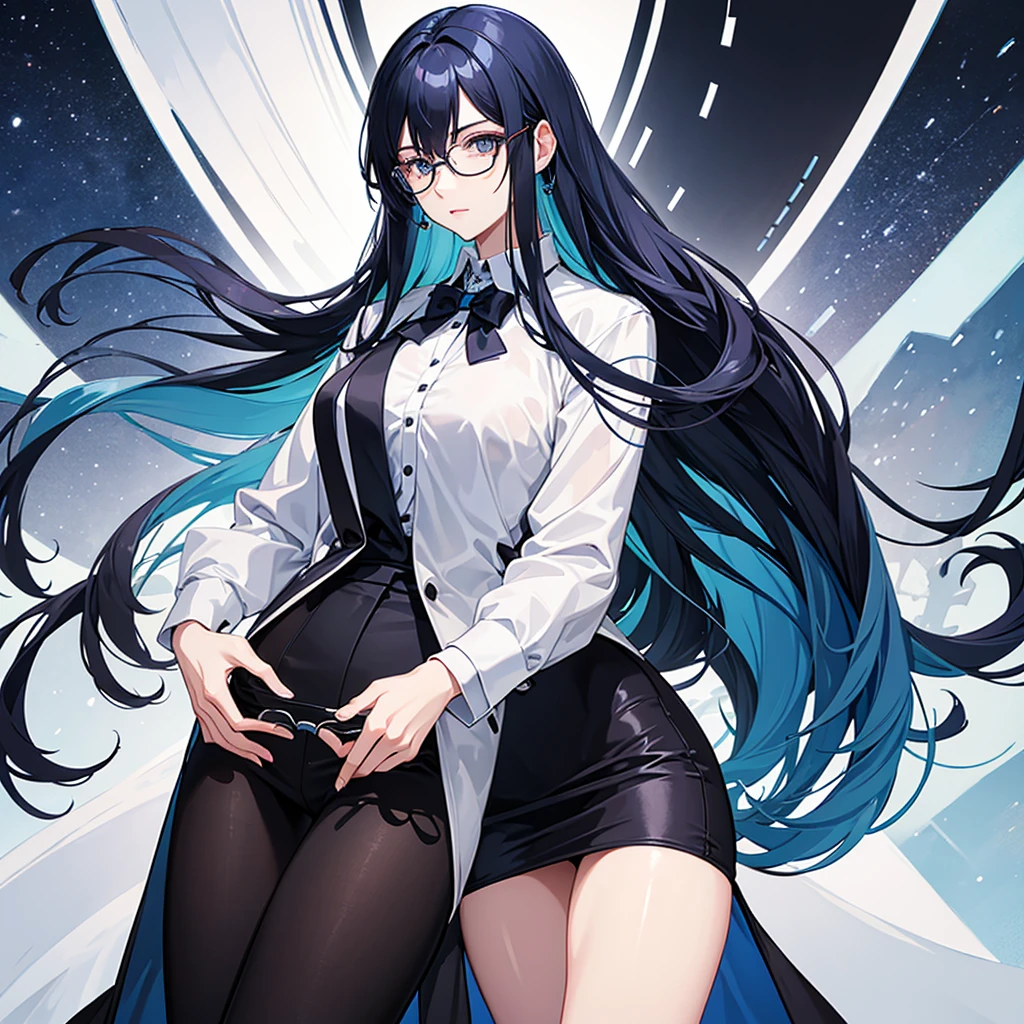 An adult of approximately 29 years old, quite pretty., pale long dark blue hair with eyes of the same color and wears glasses, with formal clothes