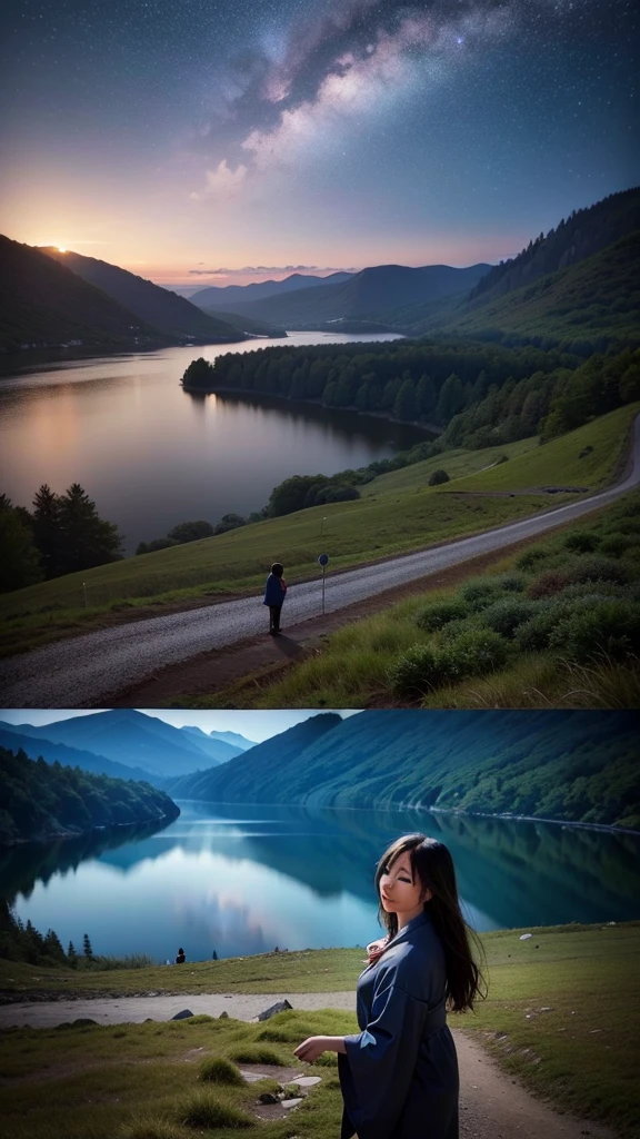 RAW Photos, 最high quality, high quality, Highly detailed touch, Genuine, Wind, Narrative poem, The beauty and brilliance of mountains and forests, The silence and beauty of the vast land, night, Starry Sky, Lakeside, Nice views, Beautiful natural scenery、A  stands、Black haired Japanese