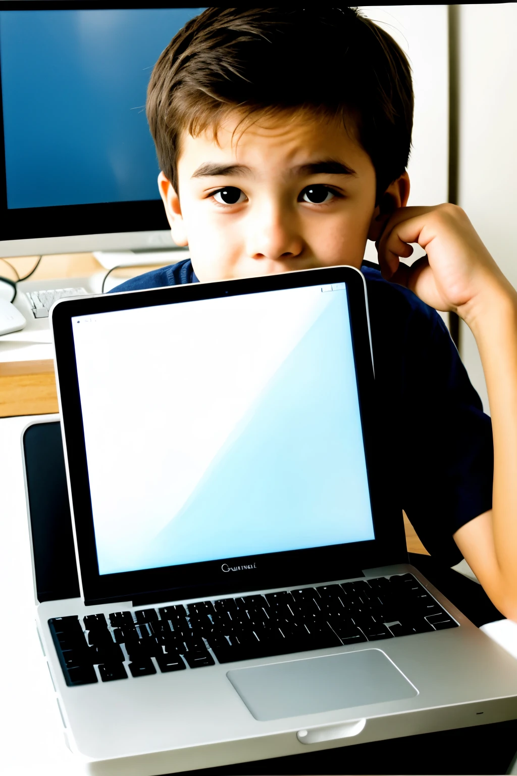 draw a boy with his head stuck in a computer as if he were flying