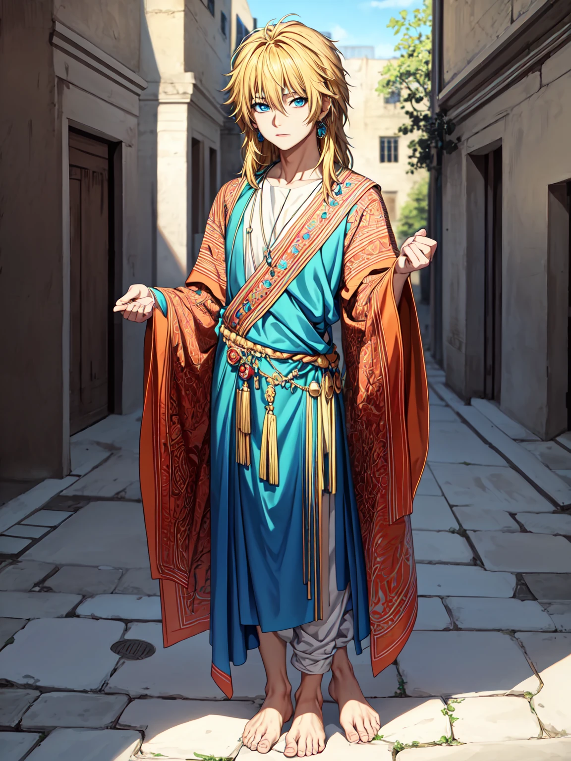 Masterpiece, Best Quality, high quality, 1 chico, Alone, male focus, looking at the viewer, Upper part of the body, Zeno, by rubio, Blue eyes, wide, hair between the eyes, sale, earrings, realism, fullbody, Standing