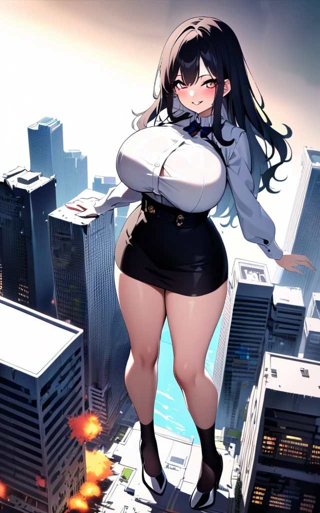 Aerial View，giantesscity,giant girl 500 feet high，skyscrapers,Have a pair of ultra long legs,stepping in the crowd，many people in street,a pair of huge breasts，Princess，mini skirt,black silk socks，Has black waist-length hair，Wearing a pair of Mary Jane heels，A look of enjoyment，standing on a ruins，Beautiful appearance，Exquisite makeup，quality，8k，高quality，Perfect proportion, Cinema lighting，film grain，Fuji colors，8k，textured skin，Super details，high detail，high quality，high resolution，explode，fake smile