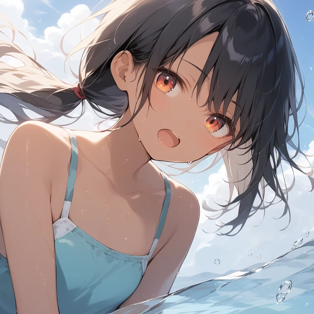 score_9, score_8_up, score_7_up, source_anime, best quality, masterpiece, official art, absurdres, highres, ultra-detailed,waifu2x,Collection: Slice of Life,break,1girl, tomboy, dark-skinned female, short hair, low ponytail, flat chest, beautiful detailed eyes, swimsuit, sweat, open mouth, (yawn:0.3), sleepily, outdoors, wind, break,(clear line illustration:1.2),very high resolution, very aesthetic, super detailed skin, Best sexual lighting powered by famous artist, 8k,cute picture,beauty illustration,photoshop_(medium),,(Detailed Lighting),best anime 8k konachan wallpaper, pixiv contest winner,