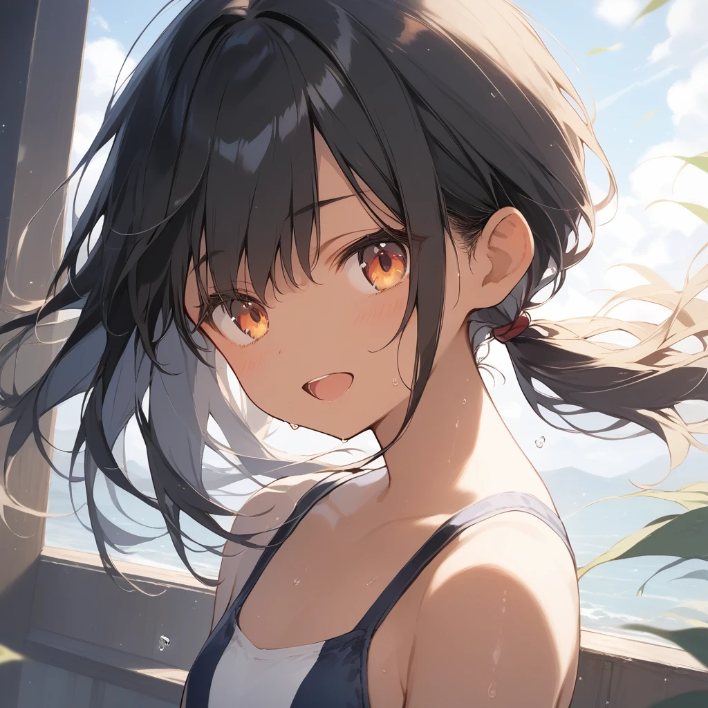 score_9, score_8_up, score_7_up, source_anime, best quality, masterpiece, official art, absurdres, highres, ultra-detailed,waifu2x,Collection: Slice of Life,break,1girl, tomboy, dark-skinned female, short hair, low ponytail, flat chest, beautiful detailed eyes, swimsuit, sweat, open mouth, (yawn:0.3), sleepily, outdoors, wind, break,(clear line illustration:1.2),very high resolution, very aesthetic, super detailed skin, Best sexual lighting powered by famous artist, 8k,cute picture,beauty illustration,photoshop_(medium),,(Detailed Lighting),best anime 8k konachan wallpaper, pixiv contest winner, 