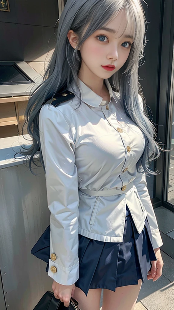 lifelike, high resolution, Soft Light, 1 female, Solitary, Hips up, blue eyes, Long white hair, military uniform, jacket, shirt, skirt