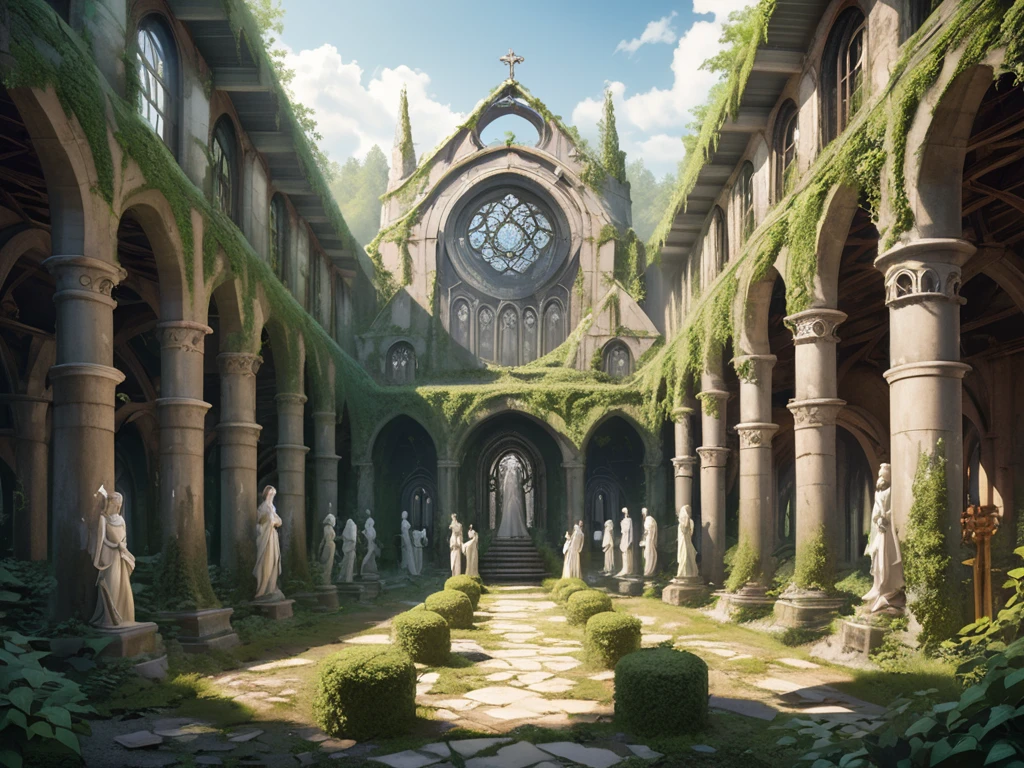 Abandoned monastery complex in the forest, Covered in ivy, Elvish motifs, Elegant and refined. Elf statues, renaissance, steampunk machinery inside, old monastery converted into a factory,