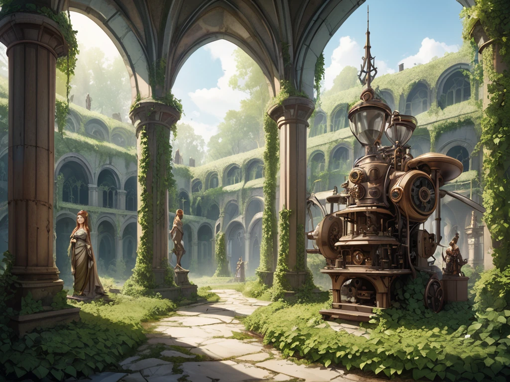 Abandoned monastery complex in the forest, Covered in ivy, Elvish motifs, Elegant and refined. Elf statues, renaissance, steampunk machinery inside, old monastery converted into a factory,