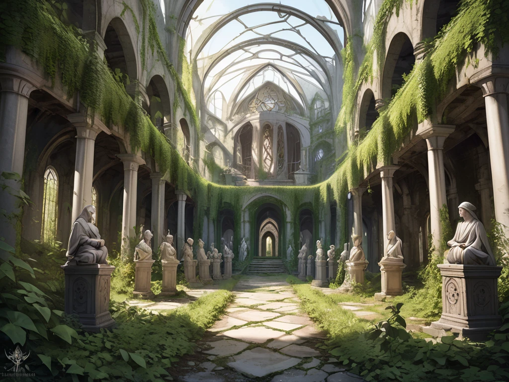 Abandoned monastery complex in the forest, Covered in ivy, Elvish motifs, Elegant and refined. Elf statues, renaissance, steampunk machinery inside, old monastery converted into a factory,