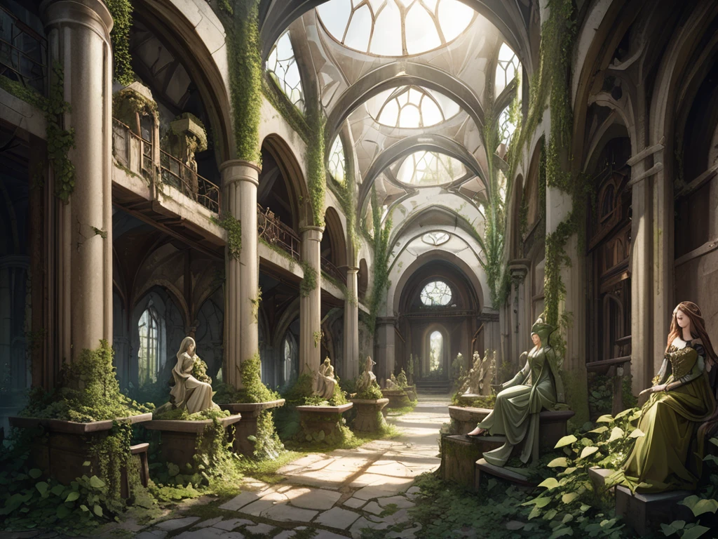 Abandoned monastery complex in the forest, Covered in ivy, Elvish motifs, Elegant and refined. Elf statues, renaissance, steampunk machinery inside, old monastery converted into a factory,