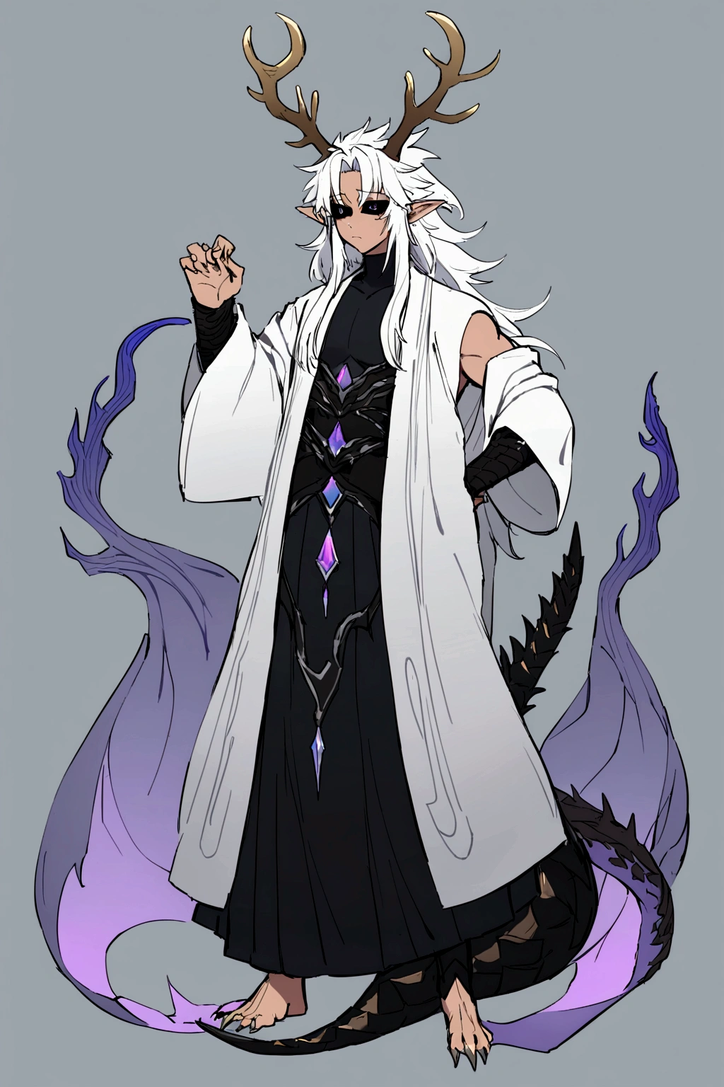 Solo, male , Character fusion: Nibelung fused with nidhoggr, odin and sun wukong, tall tanned man with wild unruly white hair, bangs on face, bangs, ((iridescent irises)), black sclera on eyes, long voluminous hair, spiky hair, pointy ears, fit , clawed fingers, dragon tail, open haori, turtleneck tanktop, dark crystal antlers, exhausted expression, khaenr'ah abyss, draconic person, s9vereign of the abyss, calamity incarnate,  full body