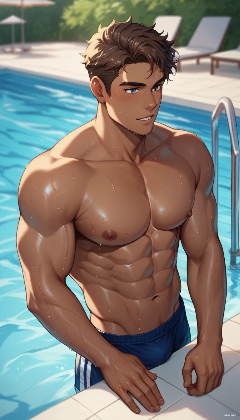 best quality, masterpiece, amazing details, (handsome dark skinned muscular young man with curly brown hair), climbing out of hotel resort swimming pool, wet body, perfect fingers, no watermark, no logo, no signature
