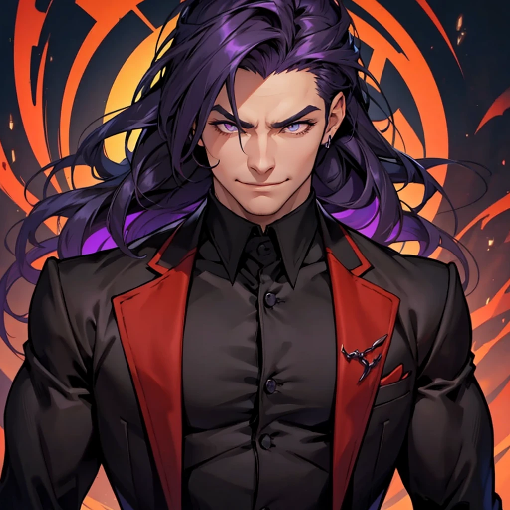 front face, handsome man. Silky dark purple hair, amber eyes, a lean, muscular build, with a pronounced chin and a devilish smile. I'm dressed in fine black clothes, eyes closed, mouth closed