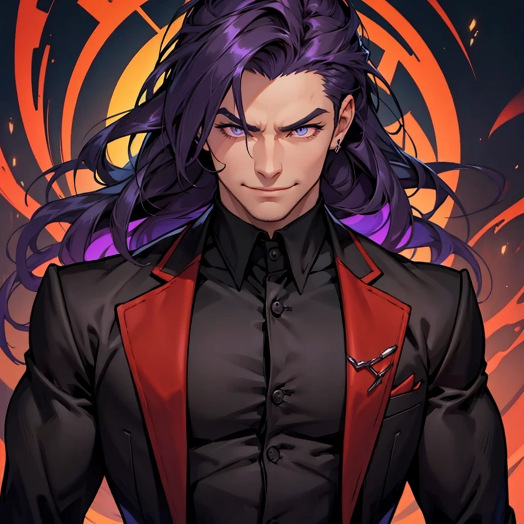 front face, handsome man. Silky dark purple hair, amber eyes, a lean, muscular build, with a pronounced chin and a devilish smile. I'm dressed in fine black clothes, eyes closed, mouth closed