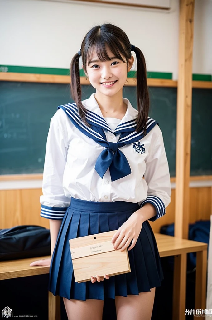 girl walking in wooden school classroom,white sailor shirt,grabbed and lifted up navy blue pleated skirt,white thong,18-year-old,bangs,a little smile,thighs,knees,short hair with low pigtails bunches,from beside,front light,boy