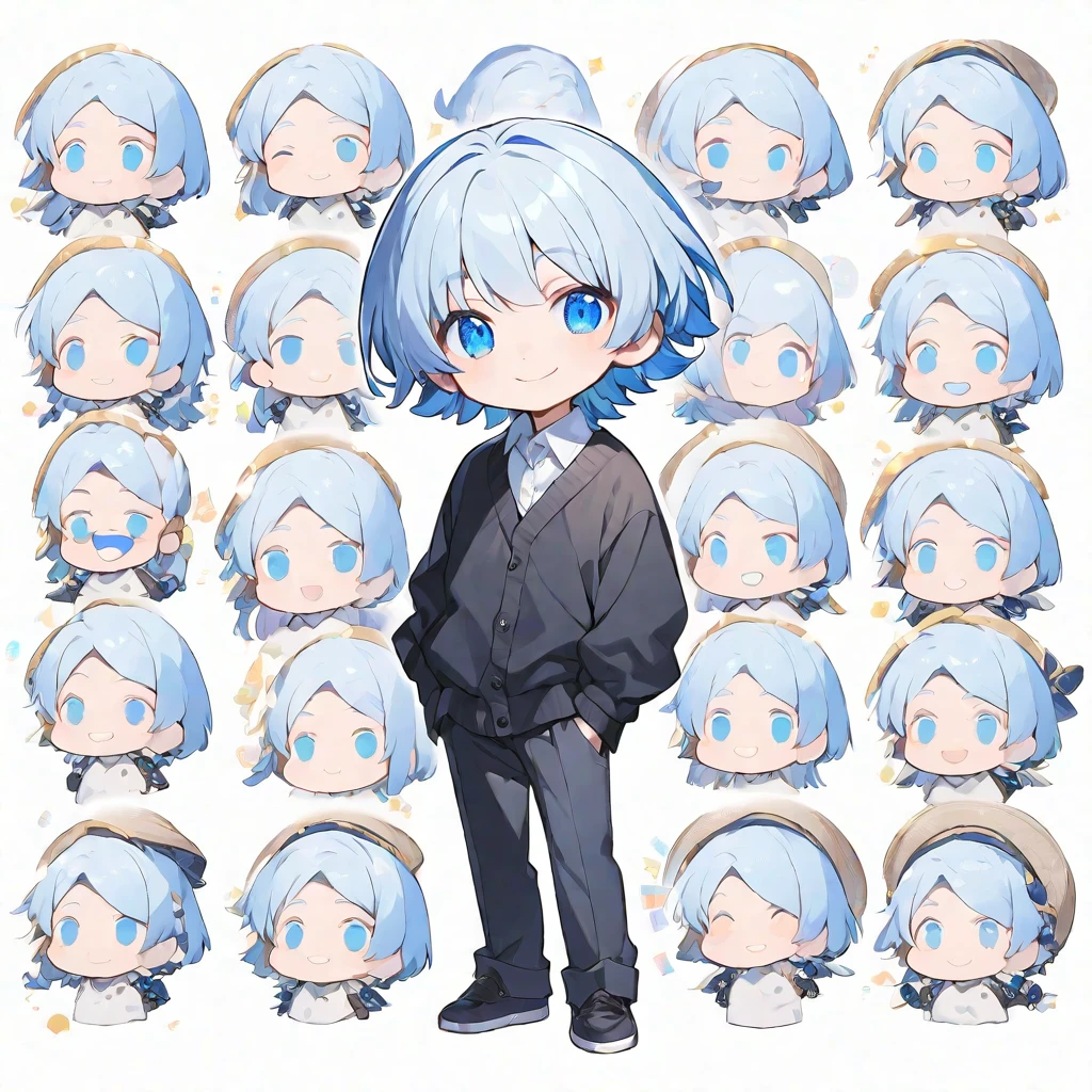 solo, handsome, ,CHIBI,1/2, mini-character,
1. male,
Straight hair, Bob hair,light blue Hair,Blue eyes&Soft look ,
Gojo Satoru,18 years old,black cardigan,sweater,skin,smile, whole body ,White background